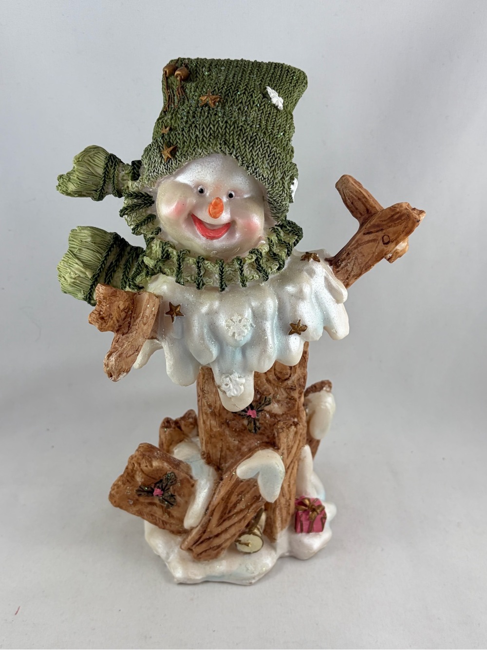 Snowman Christmas Figurine Green Knit Hat Tree Stump 8”